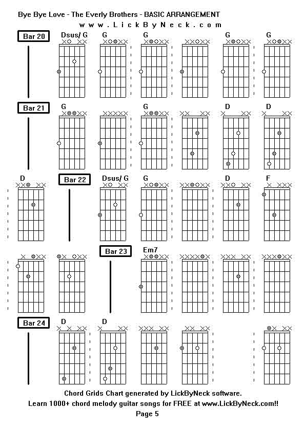 Chord Grids Chart of chord melody fingerstyle guitar song-Bye Bye Love - The Everly Brothers - BASIC ARRANGEMENT,generated by LickByNeck software.